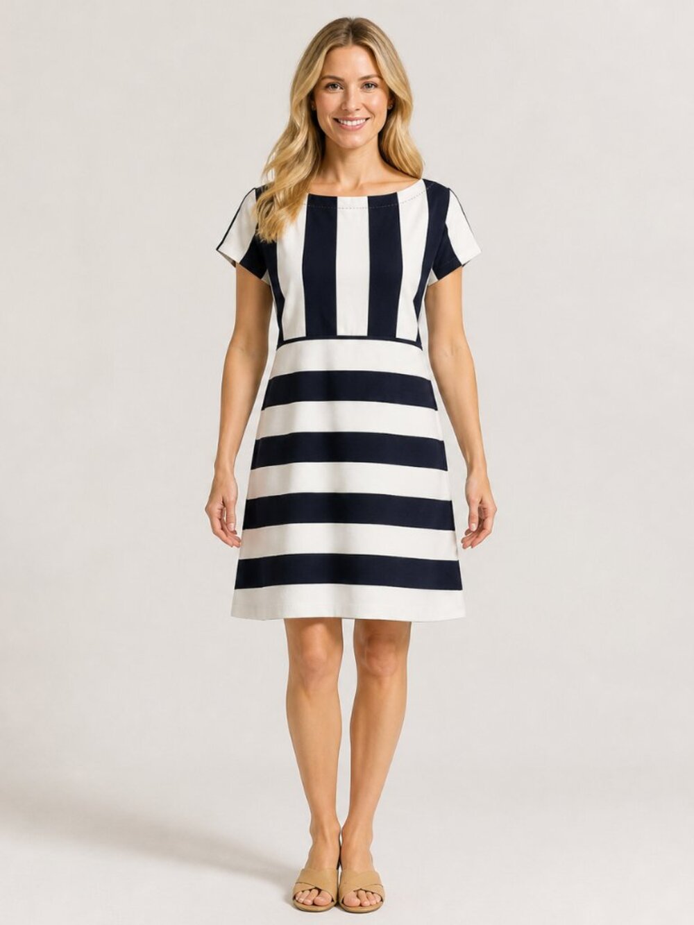 Anthropologie Women's Dress M Navy Ivory Striped Coastal Prep Mod Shift Mini